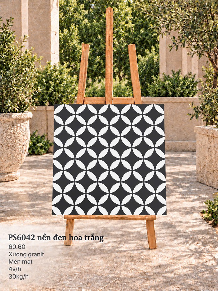 Gạch Ốp Lát Trung Quốc 60x60cm PS6042 nền đen hoa trắng 4 Gạch Ốp Lát Trung Quốc 60x60cm PS6042 nền đen hoa trắng 3